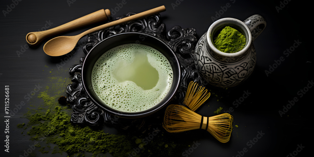 Matcha Drink and Spoons on Table with Layered Fibers Matcha Drink and Spoons on Table with Layered Fibers