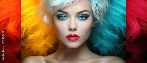 A beautiful fashion model woman with brilliantly colored hair and striking blue eyes, an artistic marvel thats sure to stimulate your senses
