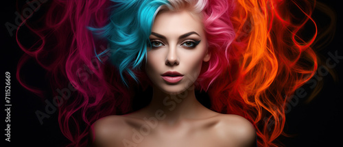 A beautiful fashion model woman with a mesmerizing array of colorful hair wig exudes confidence and artistic flair while playfully posing for the camera