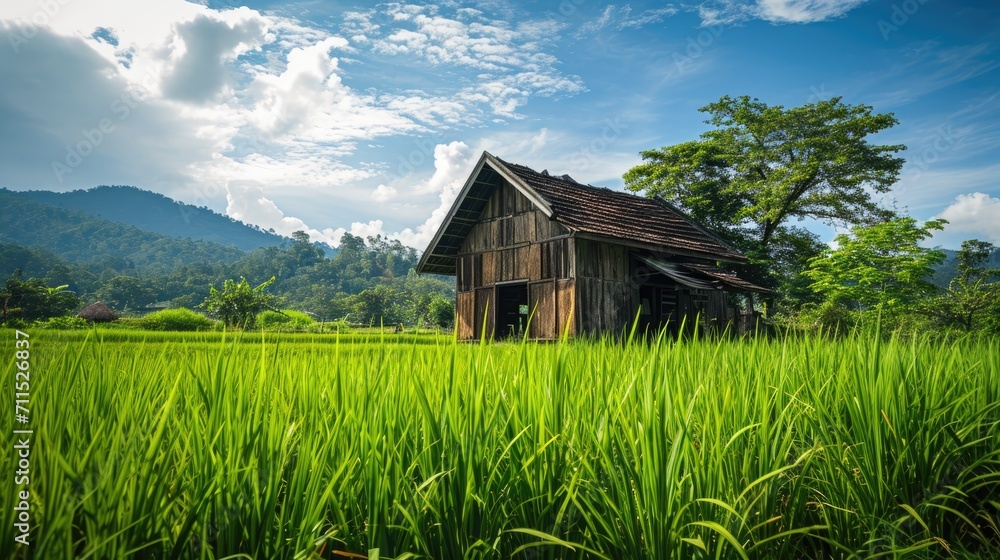 wooden house or hut in green rice field nature wooden house or hut in green rice field nature