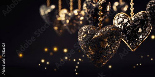 Valentine's day background with black heart with golden pattern hanging on a gold chains on a black background, copy space photo