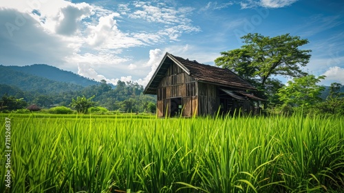 wooden house or hut in green rice field  nature photo