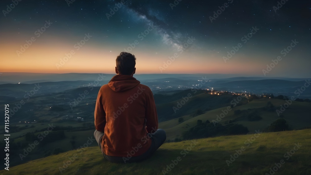 A male tourist sits on a hill at dusk and looks into the distance. A man watches the starry night sky.