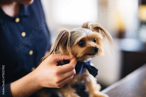 applying a bow tie on a freshly groomed yorkie photo