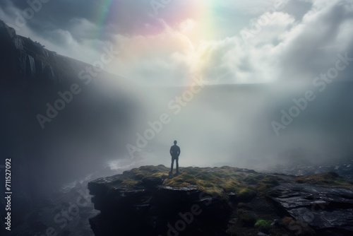 man stand on a cliff with beautiful rainbow view by the sea © krissikunterbunt