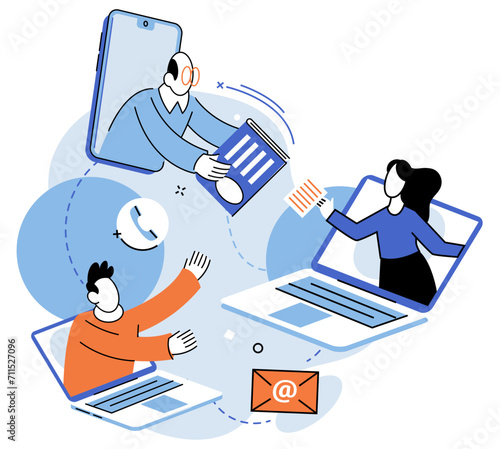 Online team vector illustration. The online team leveraged technology to work together seamlessly The virtual conference brought thought leaders together to exchange ideas The online community thrived