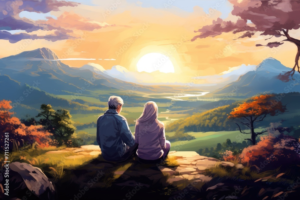 couple sit on cliff with mountain view in autumn nature landscape illustration