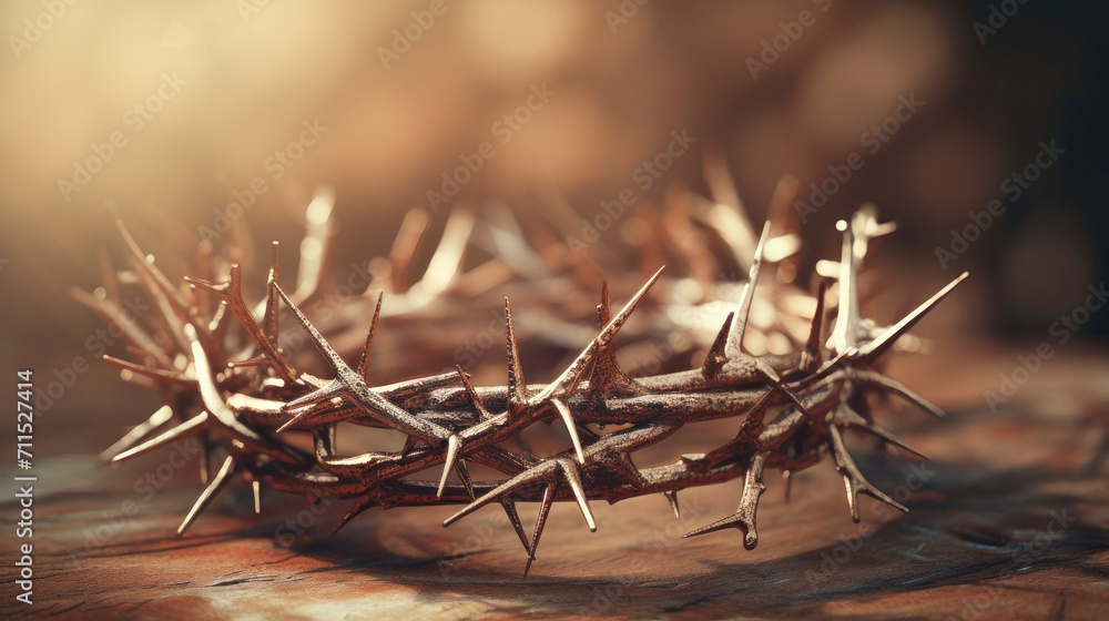 Fototapeta premium Good Friday, Passion of Jesus Christ. Crown of thorns. Christian holiday of Easter. Crucifixion, resurrection of Jesus Christ. Gospel, salvation.