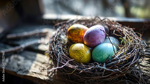 Wallpaper Mural Birds Nest Filled With Colored Eggs on Wooden Table Torontodigital.ca