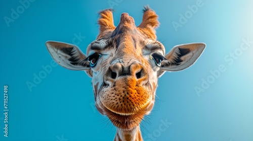 Close-up of a giraffe facing forward against a blue sky. african wildlife in detail. friendly giraffe portrait. AI