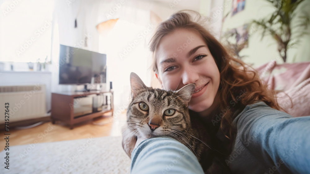 Mulher e seu gato fofo em casa no estilo selfie