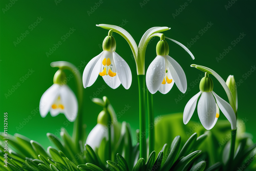Blooming snowdrops on a green background. White spring flowers. Blooming snowdrops on a green background. White spring flowers.