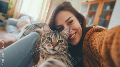 Mulher e seu gato fofo em casa no estilo selfie