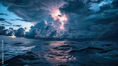 Lightning illuminates stormy ocean clouds at dusk