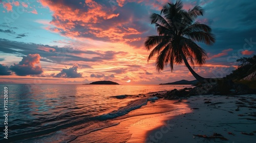Breathtaking view of sunset at tropical beach with palm silhouette