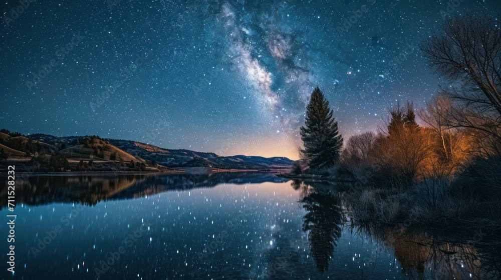 Fotobehang met Milky Way over serene lake and silhouetted landscape #711528232