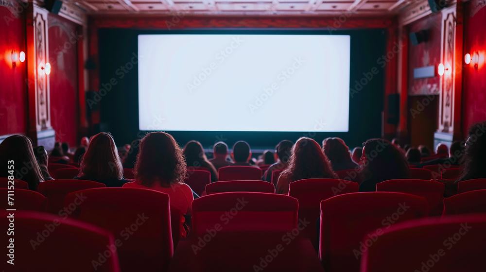 Obraz premium Cinema blank screen and people in red chairs in the cinema hall. Blurred People silhouettes watching movie performance. Made with generative ai