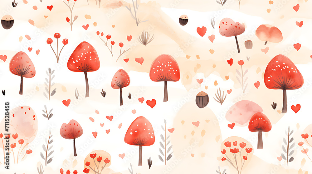 seamless background with mushrooms and hearts on a white background. - Seamless tile. Endless and repeat print. seamless background with mushrooms and hearts on a white background. - Seamless tile. Endless and repeat print.