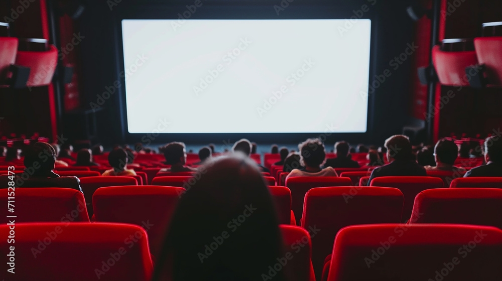 Obraz premium Cinema blank screen and people in red chairs in the cinema hall. Blurred People silhouettes watching movie performance. Made with generative ai