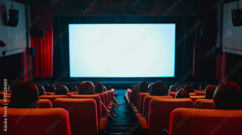 Cinema blank screen and people in red chairs in the cinema hall. Blurred People silhouettes watching movie performance. Made with generative ai