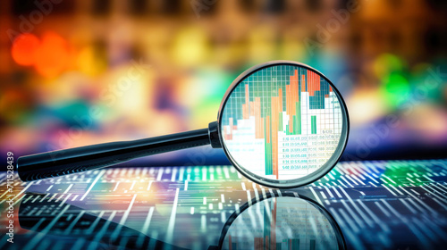 Magnifying Glass on Computer Keyboard - Enhancing Keyboard Visibility and Accuracy. Business Control over quotes and shares. Market research. Trader.