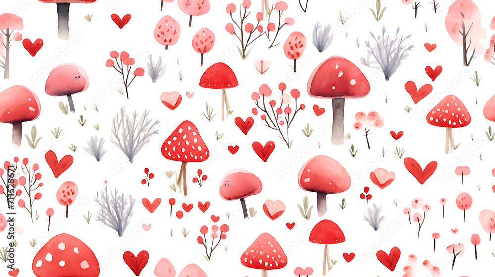 seamless background with mushrooms and hearts on a white background. - Seamless tile. Endless and repeat print.