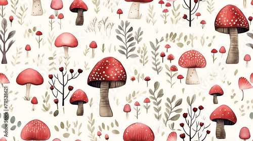 seamless background with mushrooms and hearts on a white background. - Seamless tile. Endless and repeat print.