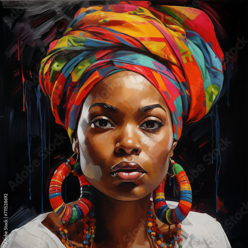 Portrait of African woman in a colorful headdress.