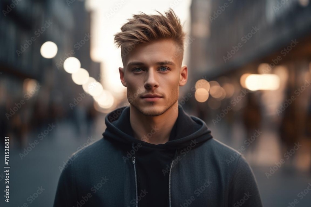 Fototapeta premium A stunning shot of a young European man walking down the street of a bustling city, in a serene and calm manner