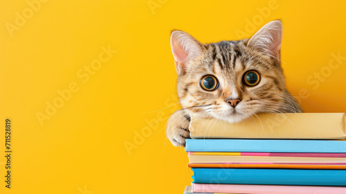 Cute fluffy cat peeks out from behind a stack of books on a yellow background