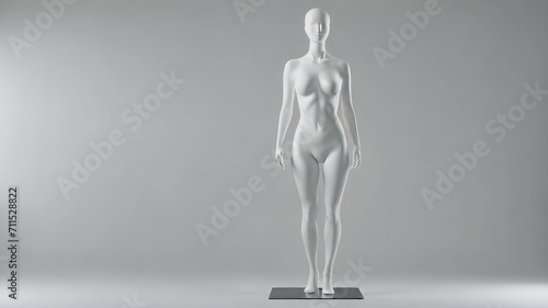 A white female mannequin without a face stands straight on a white background with copy space.