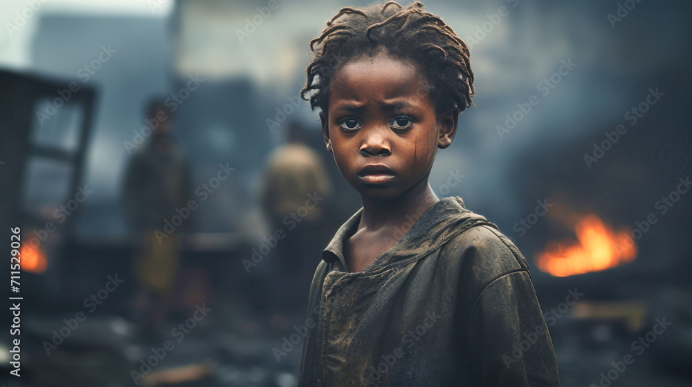Portrait of a dark-skinned girl in the slums. A little girl looks at ...