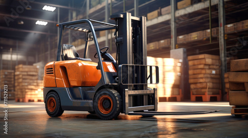 Forklift in a warehouse. Lifting and moving loads. © Anoo