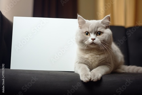 cat holds a blank sign with copy space