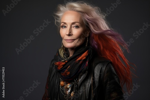 Portrait of a beautiful mature woman with pink hair. Studio shot.