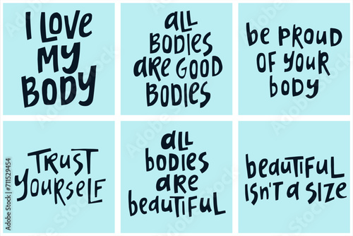 Set of hand-drawn quotes about body positive. Creative lettering illustrations for posters, cards, etc.