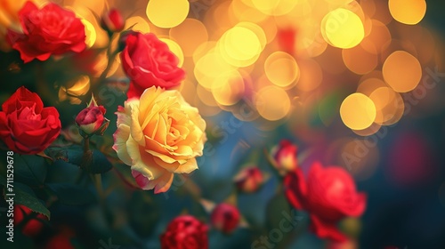  Soft-focus red and yellow roses with festive bokeh lights 