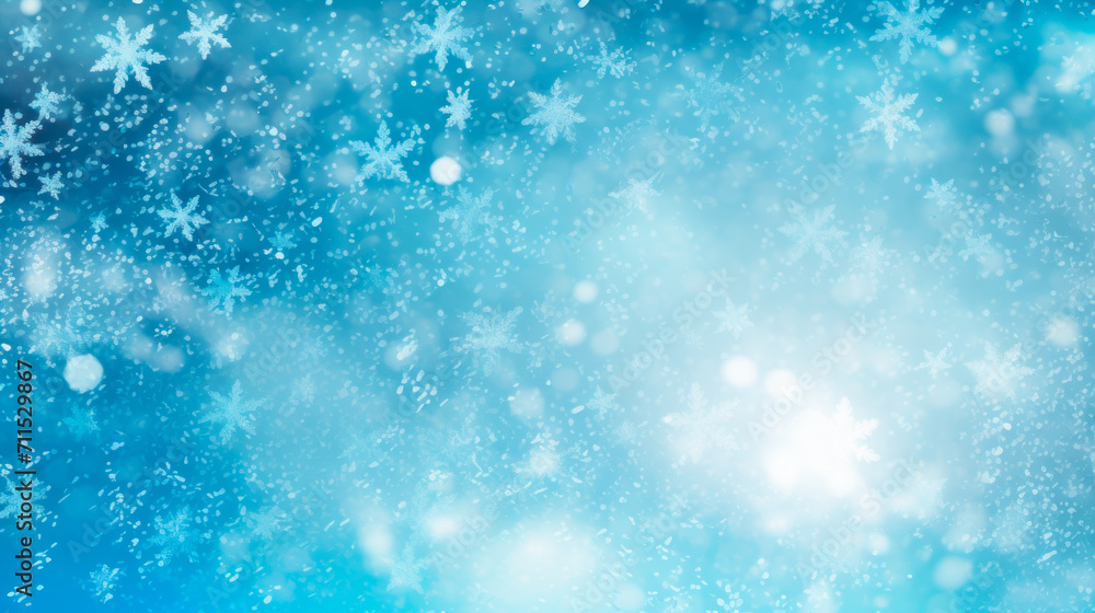 Falling snowflakes background, frozen texture. Blue festive freeze backdrop with snow, wide horizontal format