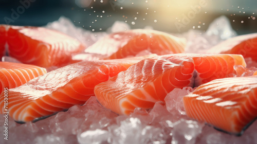 Close-up of fresh chilled fish. Trout or salmon fillet. Red fish ready to eat.