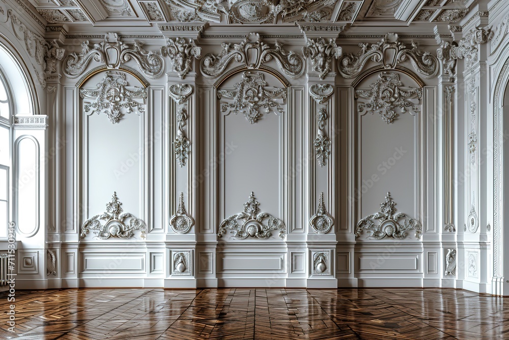 White wall with classic style mouldings and wooden floor, empty room interior