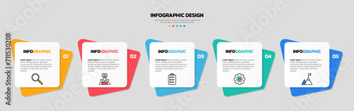 Modern business infographic template, square shape with 5 options or steps icons.