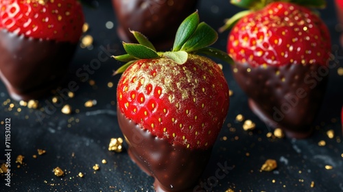 Close-up of strawberry dipped in dark chocolate with edible gold dust sprinkles.