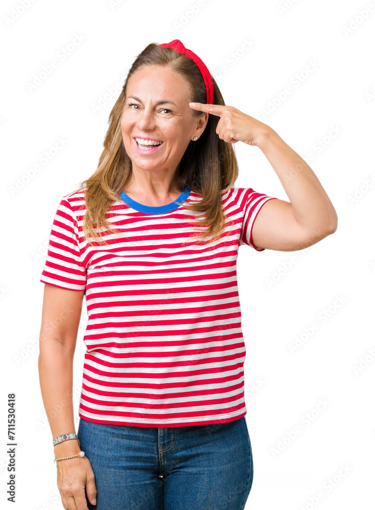 Beautiful middle age woman wearing casual stripes t-shirt over isolated background Smiling pointing to head with one finger, great idea or thought, good memory Beautiful middle age woman wearing casual stripes t-shirt over isolated background Smiling pointing to head with one finger, great idea or thought, good memory