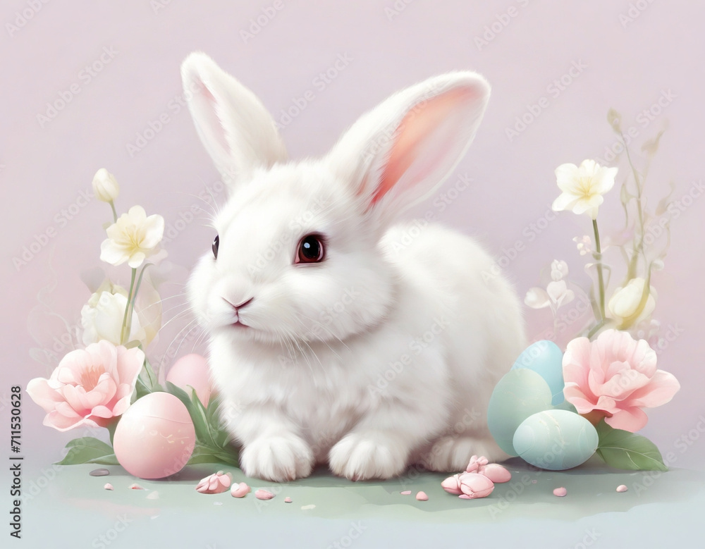 White and fluffy bunny, Easter background, open. White and fluffy bunny, Easter background, open.