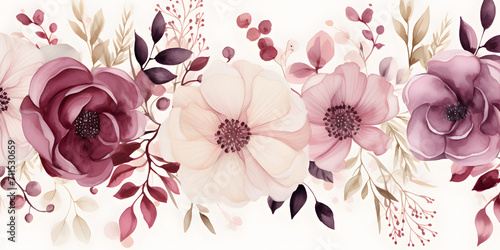 Watercolor flowers in the style of dark white and light maroon