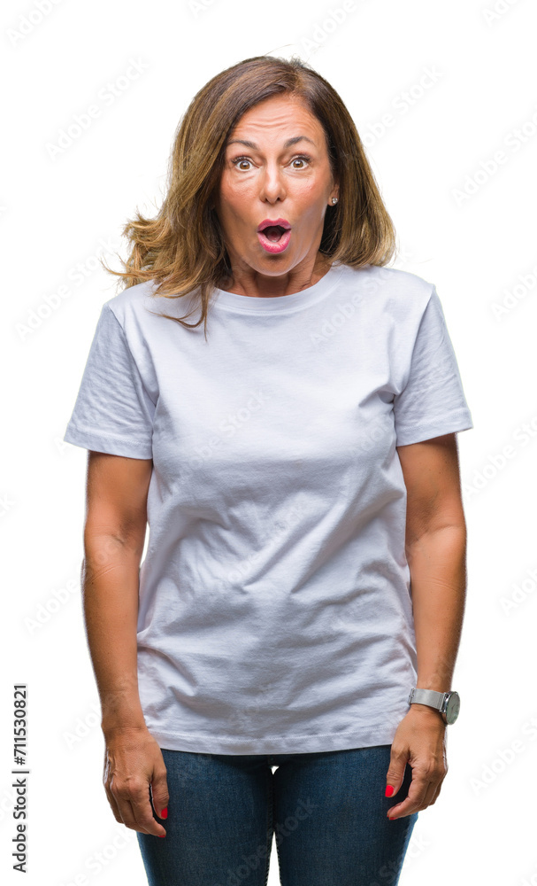 Middle age senior hispanic woman over isolated background afraid and shocked with surprise expression, fear and excited face. Middle age senior hispanic woman over isolated background afraid and shocked with surprise expression, fear and excited face.