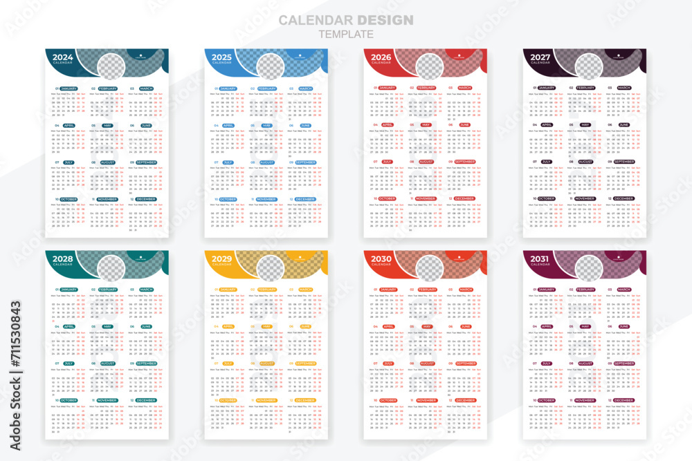 Calendar planner vector bundle design 2024, 2025, 2026, 2027, 2028, 2029, 2030 years template. colorful print design. - obrazy, fototapety, plakaty 