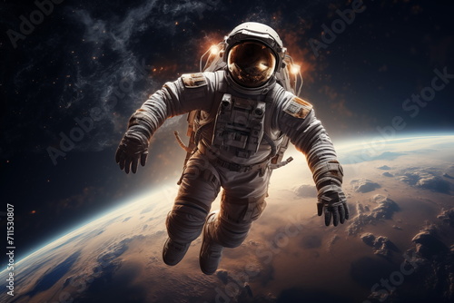 An astronaut floating in space  with a view of Earth in the background. Astronaut in outer space over the planet Earth. Generated AI.
