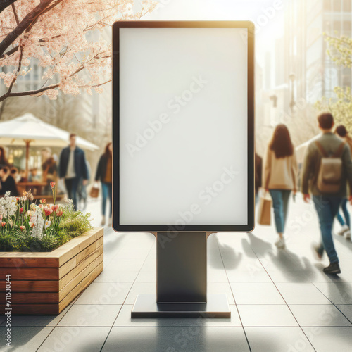 signboard mockup for offers or advertisement in public area with blured people walking spring background. ai generative