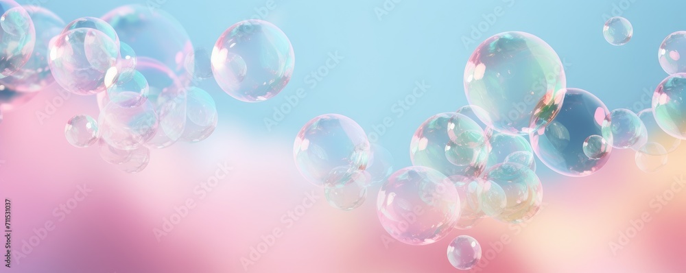 colorful soap bubble in blue sky soft background banner